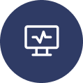 Icon of a computer monitor displaying a heartbeat line against a dark blue circular background.